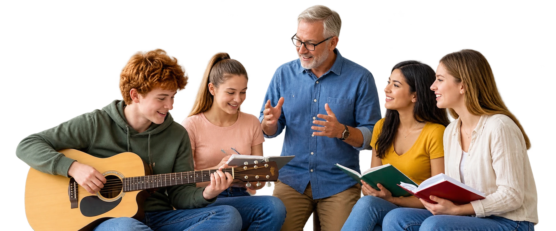 Un professeur et ses élèves, guitare et livres en main